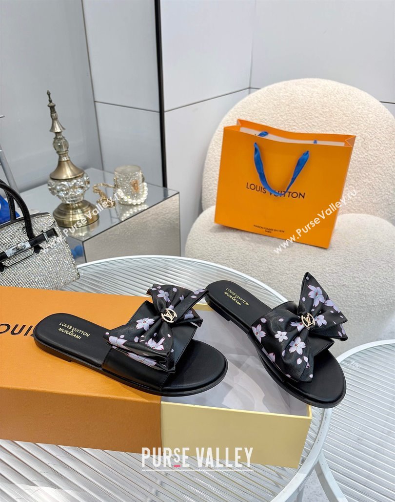 Louis Vuitton LV x TM Lily Flat Slides Sandal with Bow in Cherry Bloom Print Leather Black 2025 1AGVYB (MD-250422049)
