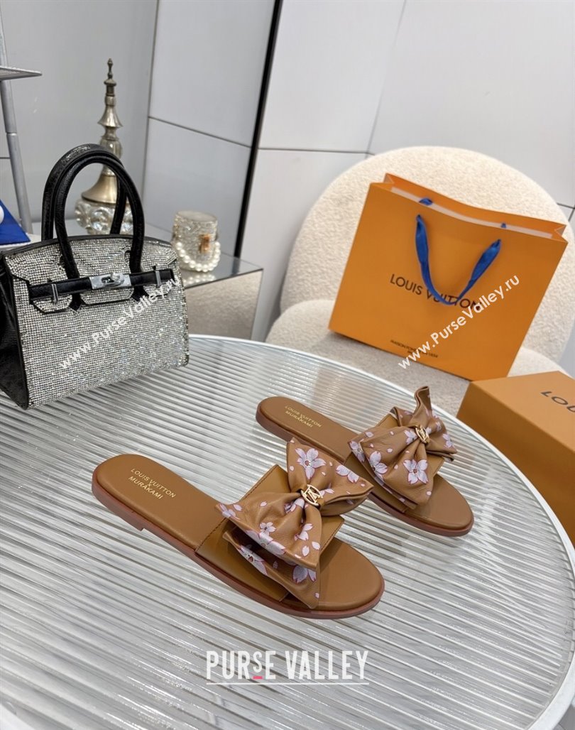 Louis Vuitton LV x TM Lily Flat Slides Sandal with Bow in Cherry Bloom Print Leather Brown 2025 1AGVYB (MD-250422050)