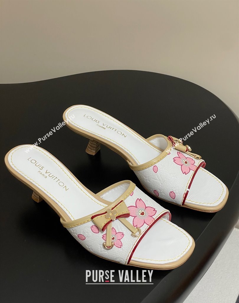 Louis Vuitton LV x TM Heel Slides Sandal 3cm in Cherry Bloom Print Leather White 2025 LV042201 (MD-250422029)