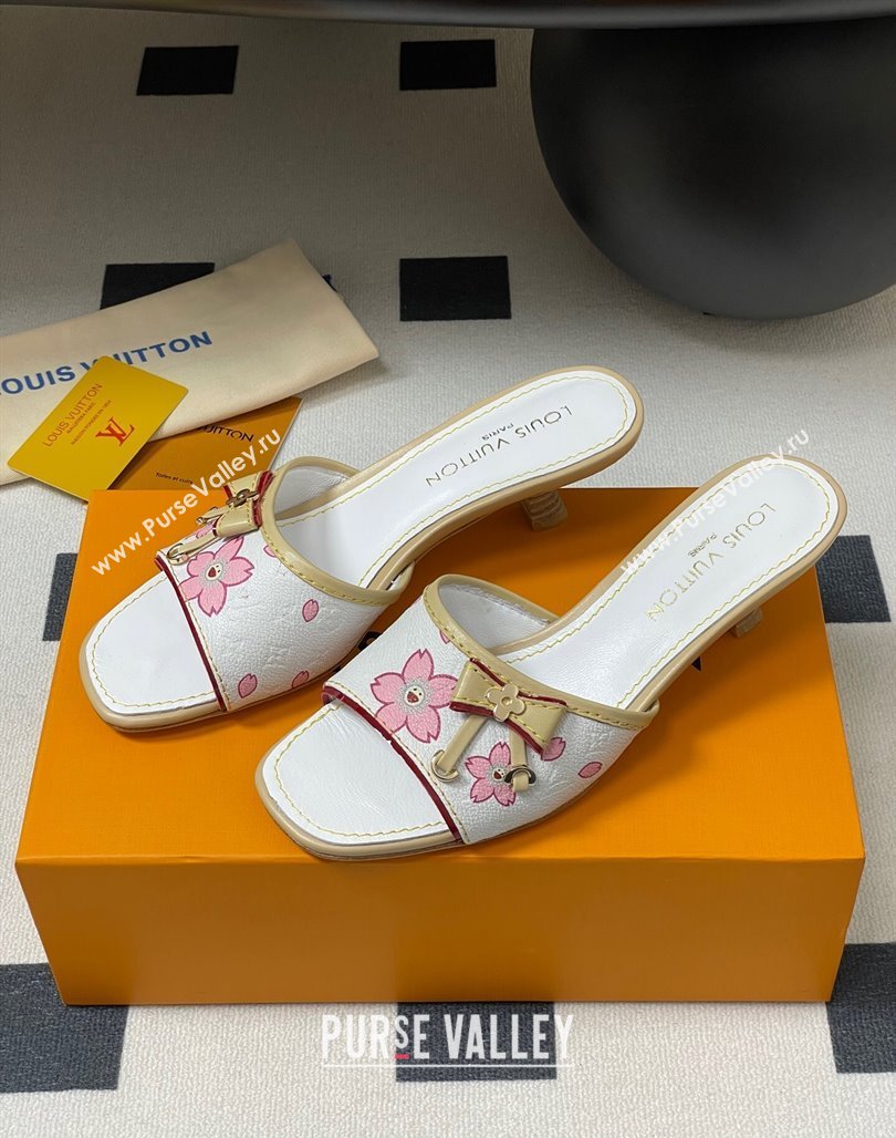 Louis Vuitton LV x TM Heel Slides Sandal 3cm in Cherry Bloom Print Leather White 2025 LV042201 (MD-250422029)