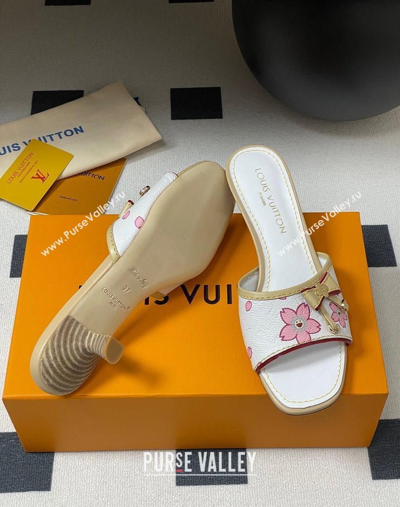Louis Vuitton LV x TM Heel Slides Sandal 3cm in Cherry Bloom Print Leather White 2025 LV042201 (MD-250422029)