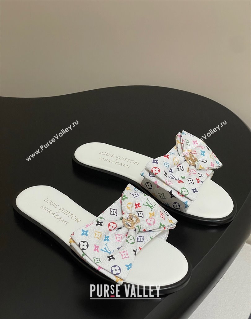Louis Vuitton LV x TM Lily Flat Slides Sandal with Bow in Monogram Canvas White/Multicolor 2025 1AGVYB (MD-250422038)