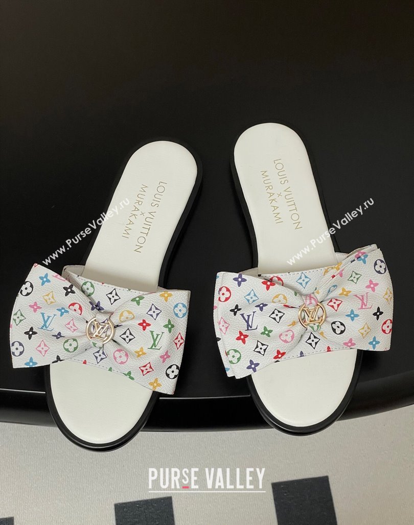 Louis Vuitton LV x TM Lily Flat Slides Sandal with Bow in Monogram Canvas White/Multicolor 2025 1AGVYB (MD-250422038)