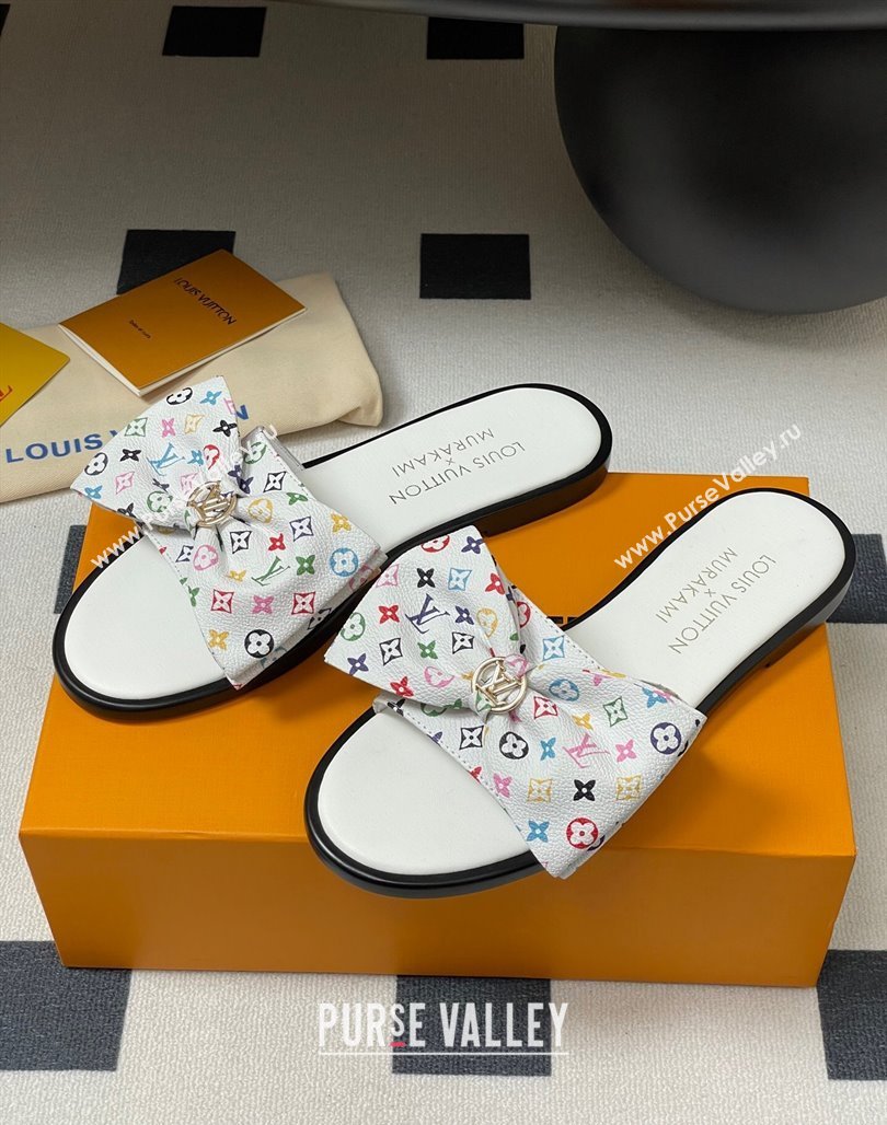 Louis Vuitton LV x TM Lily Flat Slides Sandal with Bow in Monogram Canvas White/Multicolor 2025 1AGVYB (MD-250422038)