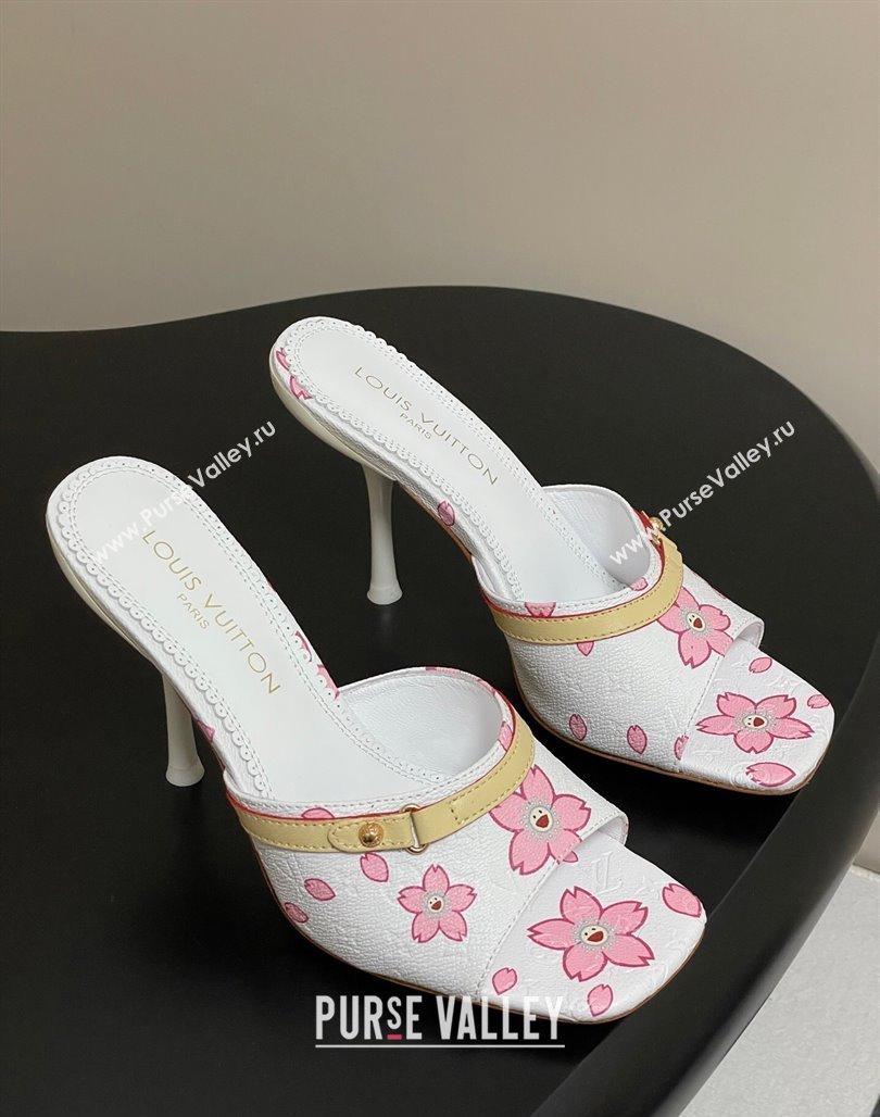 Louis Vuitton LV x TM 6AM Heel Slides Sandal 9cm in Cherry Bloom Print Leather White 2025 1ADIGZ (MD-250422035)