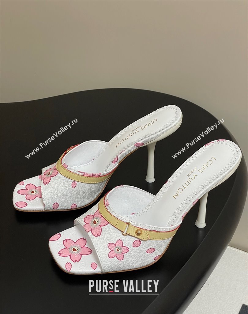 Louis Vuitton LV x TM 6AM Heel Slides Sandal 9cm in Cherry Bloom Print Leather White 2025 1ADIGZ (MD-250422035)