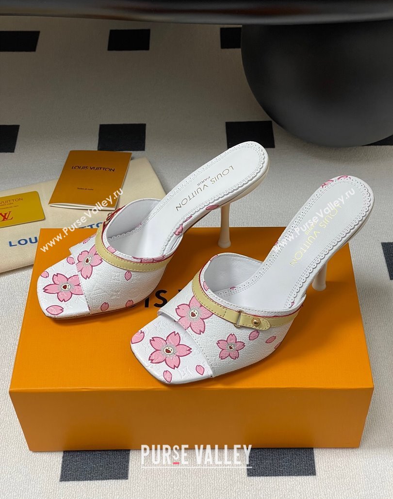 Louis Vuitton LV x TM 6AM Heel Slides Sandal 9cm in Cherry Bloom Print Leather White 2025 1ADIGZ (MD-250422035)