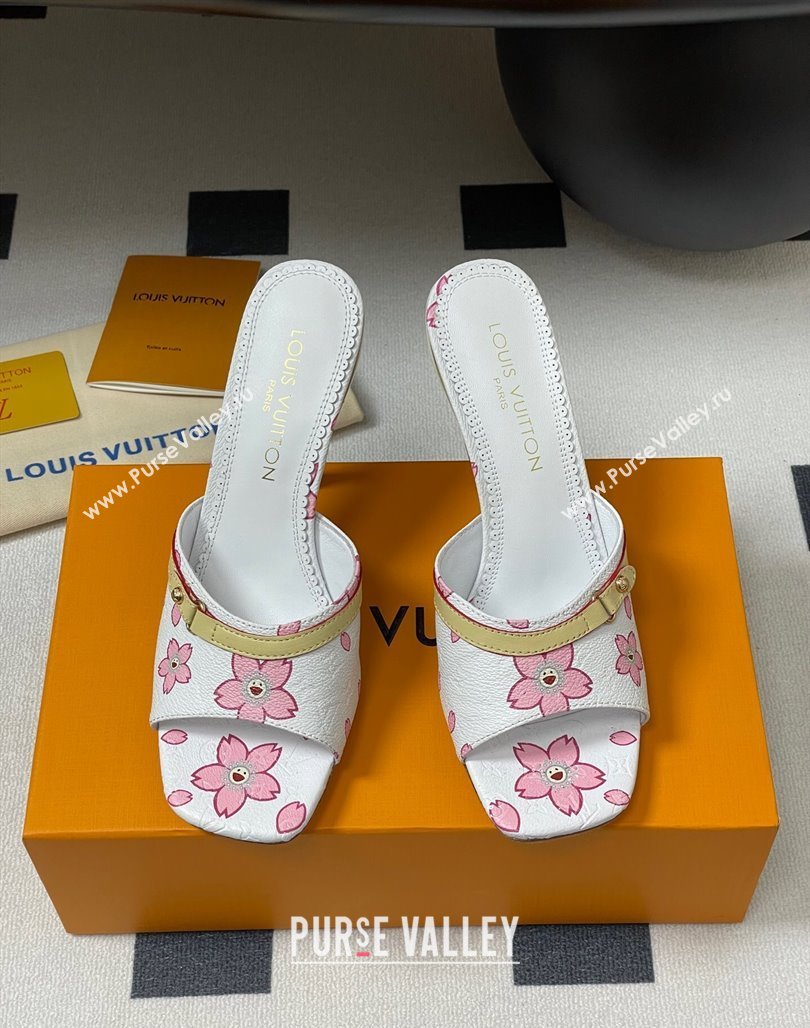 Louis Vuitton LV x TM 6AM Heel Slides Sandal 9cm in Cherry Bloom Print Leather White 2025 1ADIGZ (MD-250422035)