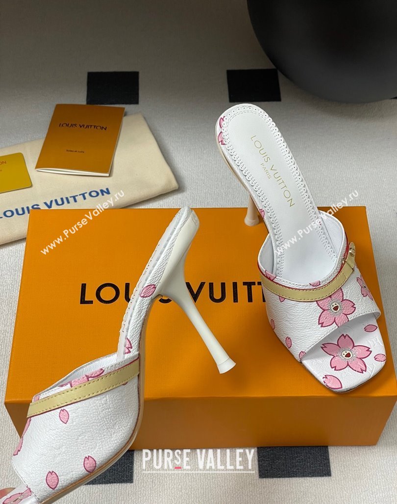 Louis Vuitton LV x TM 6AM Heel Slides Sandal 9cm in Cherry Bloom Print Leather White 2025 1ADIGZ (MD-250422035)