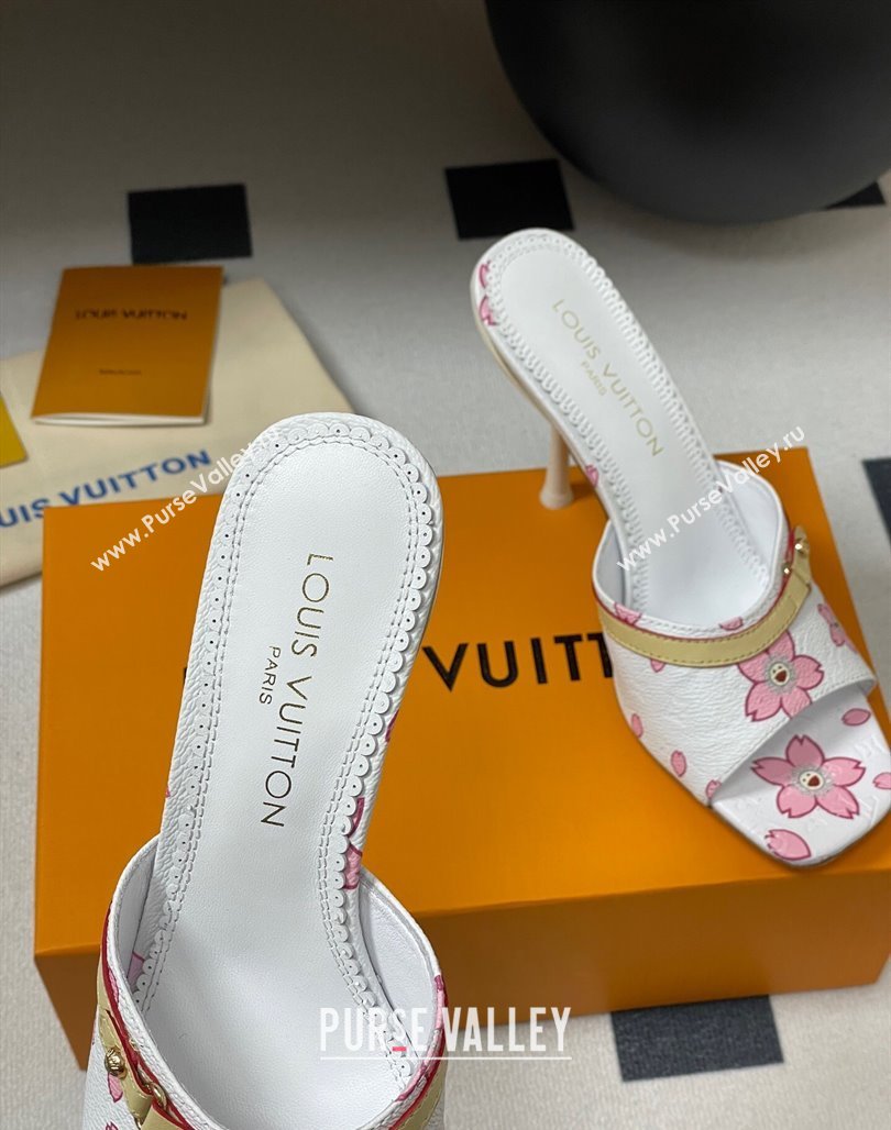 Louis Vuitton LV x TM 6AM Heel Slides Sandal 9cm in Cherry Bloom Print Leather White 2025 1ADIGZ (MD-250422035)