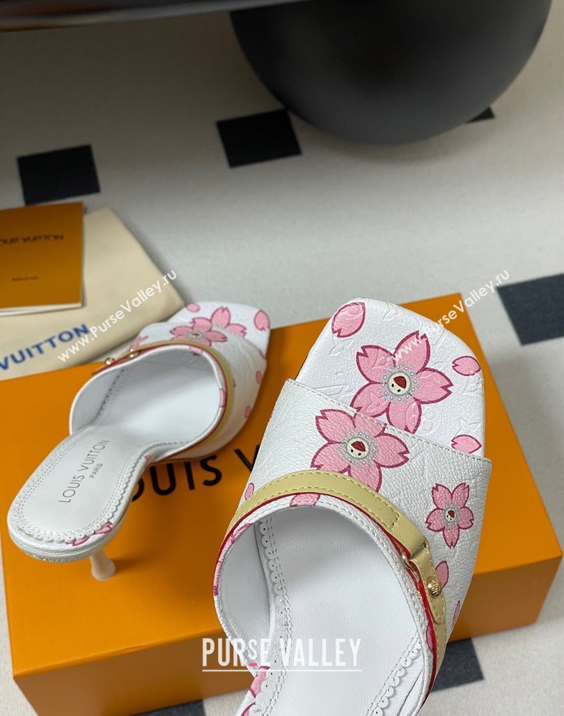 Louis Vuitton LV x TM 6AM Heel Slides Sandal 9cm in Cherry Bloom Print Leather White 2025 1ADIGZ (MD-250422035)