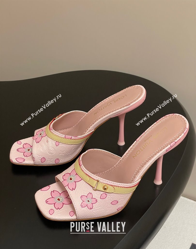 Louis Vuitton LV x TM 6AM Heel Slides Sandal 9cm in Cherry Bloom Print Leather Pink 2025 1ADIGZ (MD-250422036)