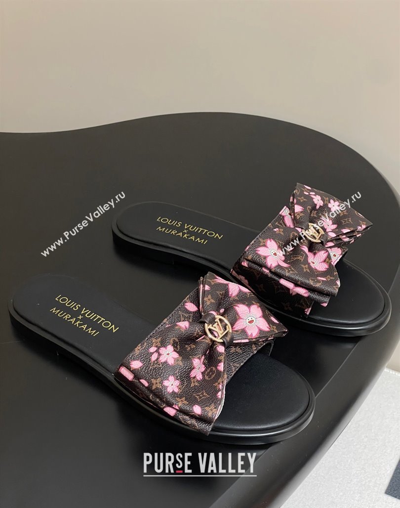 Louis Vuitton LV x TM Lily Flat Slides Sandal with Bow in Cherry Bloom Print Classic Monogram Canvas 2025 1AGVYB (MD-250422039)