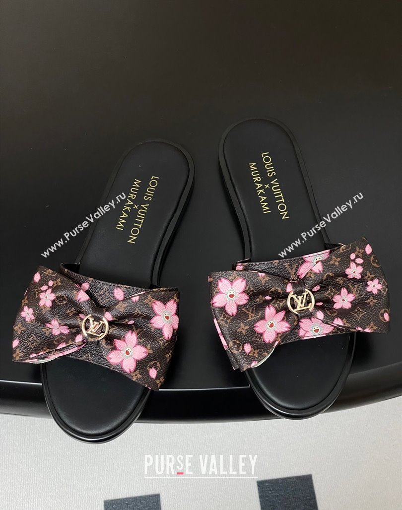Louis Vuitton LV x TM Lily Flat Slides Sandal with Bow in Cherry Bloom Print Classic Monogram Canvas 2025 1AGVYB (MD-250422039)