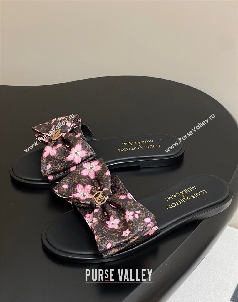Louis Vuitton LV x TM Lily Flat Slides Sandal with Bow in Cherry Bloom Print Classic Monogram Canvas 2025 1AGVYB (MD-250422039)