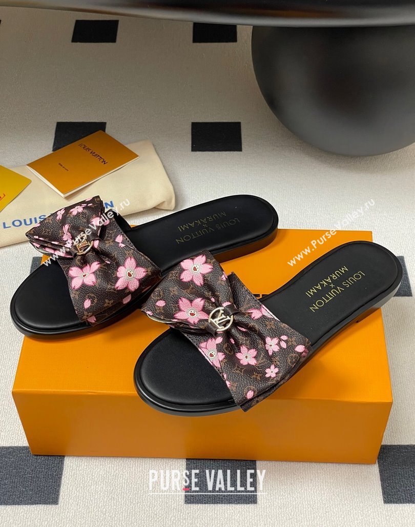 Louis Vuitton LV x TM Lily Flat Slides Sandal with Bow in Cherry Bloom Print Classic Monogram Canvas 2025 1AGVYB (MD-250422039)