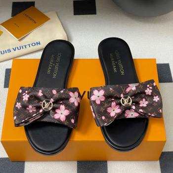 Louis Vuitton LV x TM Lily Flat Slides Sandal with Bow in Cherry Bloom Print Classic Monogram Canvas 2025 1AGVYB (MD-250422039)