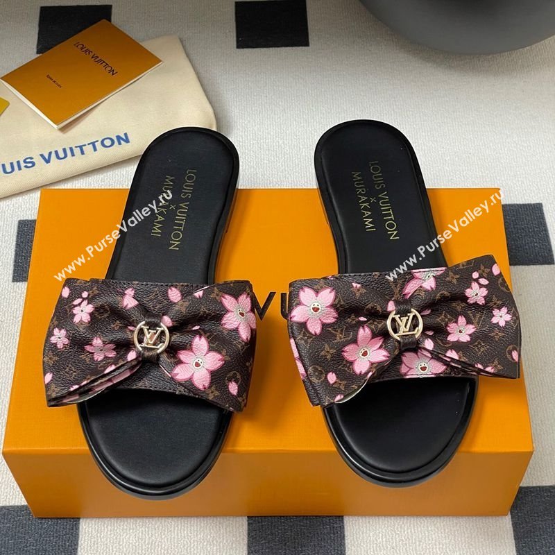 Louis Vuitton LV x TM Lily Flat Slides Sandal with Bow in Cherry Bloom Print Classic Monogram Canvas 2025 1AGVYB (MD-250422039)