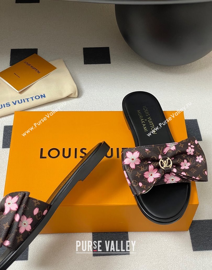 Louis Vuitton LV x TM Lily Flat Slides Sandal with Bow in Cherry Bloom Print Classic Monogram Canvas 2025 1AGVYB (MD-250422039)