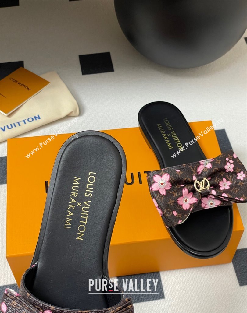 Louis Vuitton LV x TM Lily Flat Slides Sandal with Bow in Cherry Bloom Print Classic Monogram Canvas 2025 1AGVYB (MD-250422039)