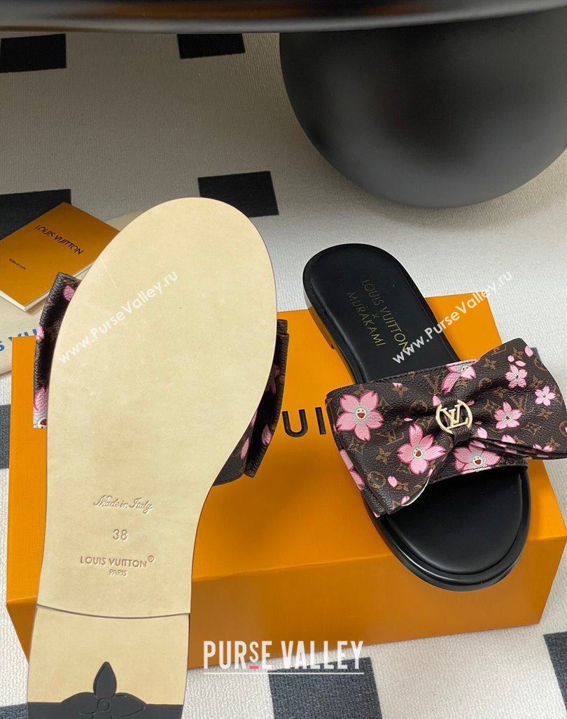 Louis Vuitton LV x TM Lily Flat Slides Sandal with Bow in Cherry Bloom Print Classic Monogram Canvas 2025 1AGVYB (MD-250422039)