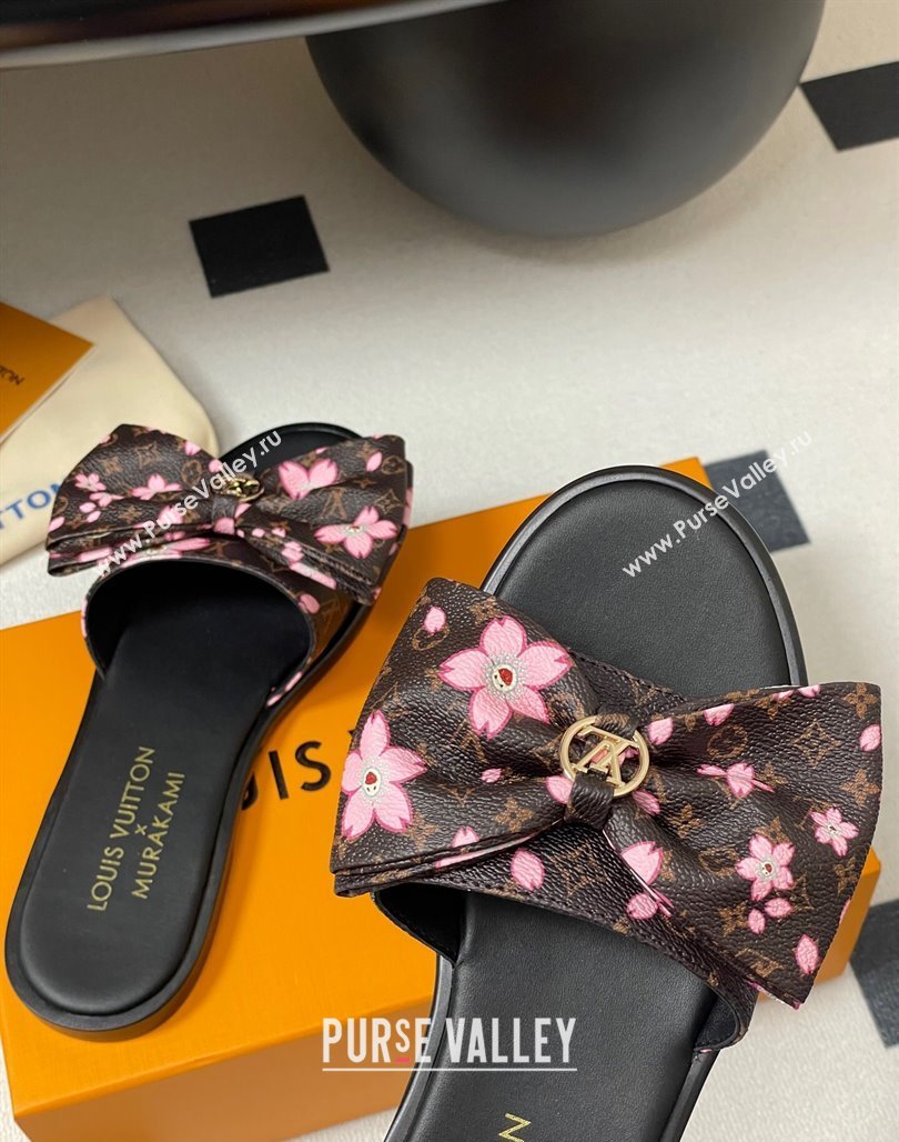 Louis Vuitton LV x TM Lily Flat Slides Sandal with Bow in Cherry Bloom Print Classic Monogram Canvas 2025 1AGVYB (MD-250422039)
