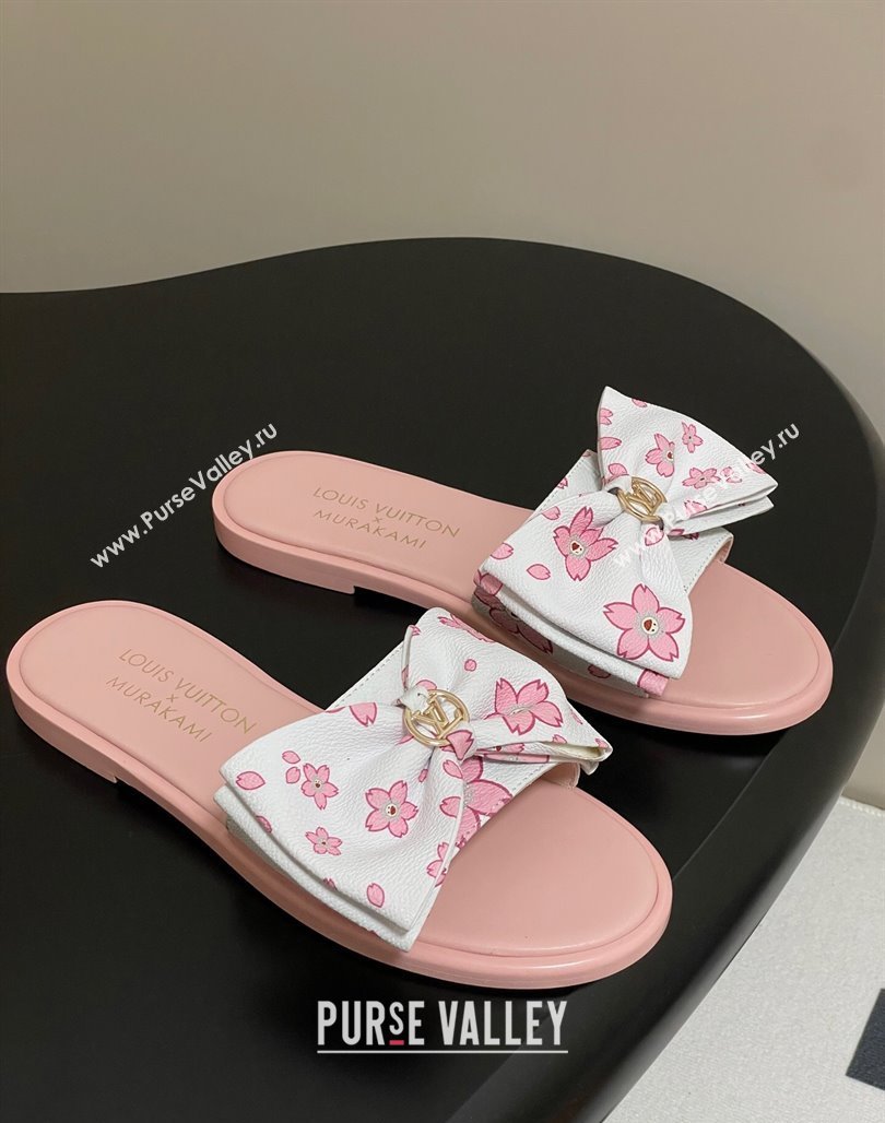 Louis Vuitton LV x TM Lily Flat Slides Sandal with Bow in Cherry Bloom Print Leather White/Pink 2025 1AGVYB (MD-250422040)
