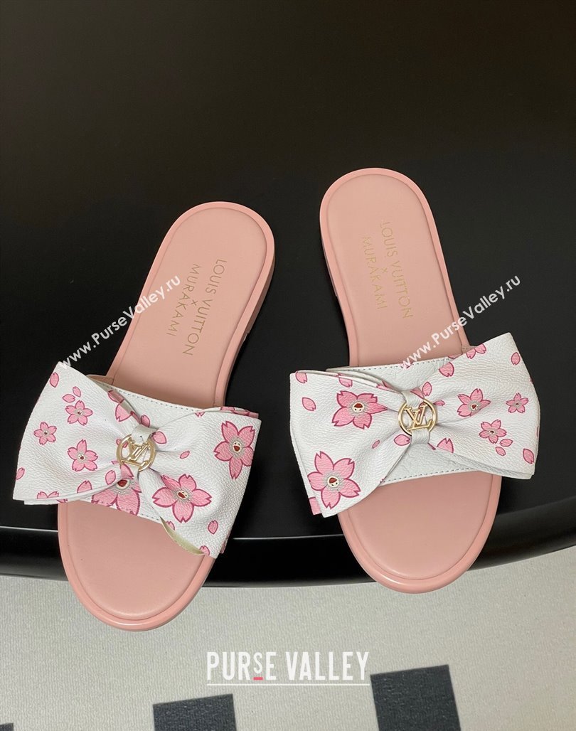Louis Vuitton LV x TM Lily Flat Slides Sandal with Bow in Cherry Bloom Print Leather White/Pink 2025 1AGVYB (MD-250422040)