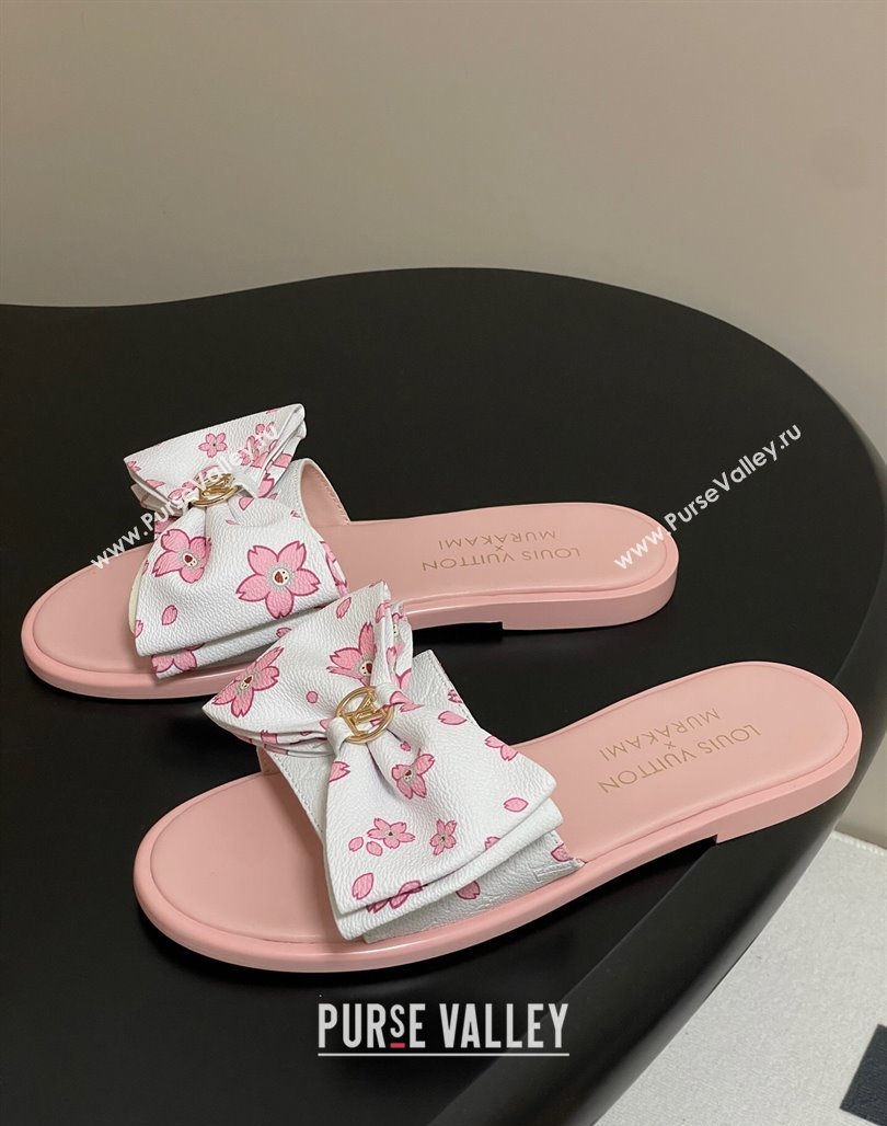 Louis Vuitton LV x TM Lily Flat Slides Sandal with Bow in Cherry Bloom Print Leather White/Pink 2025 1AGVYB (MD-250422040)