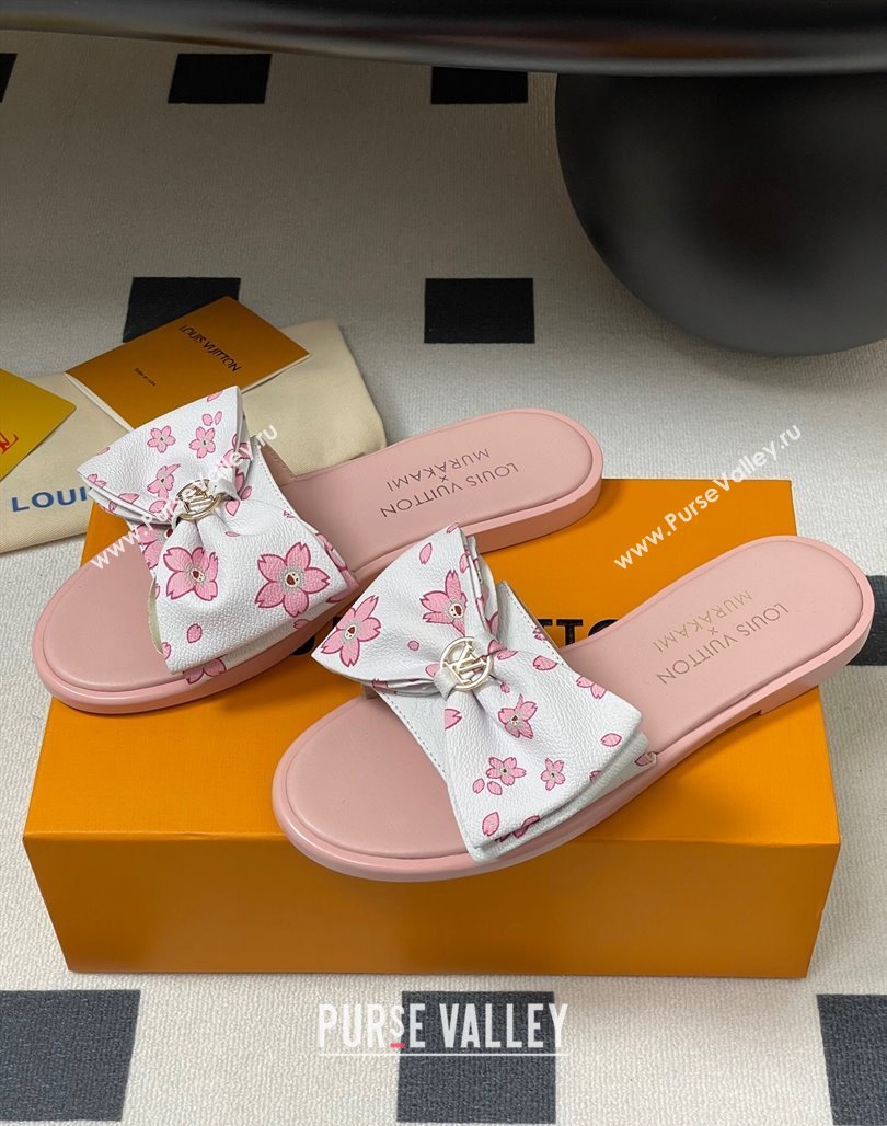Louis Vuitton LV x TM Lily Flat Slides Sandal with Bow in Cherry Bloom Print Leather White/Pink 2025 1AGVYB (MD-250422040)