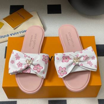 Louis Vuitton LV x TM Lily Flat Slides Sandal with Bow in Cherry Bloom Print Leather White/Pink 2025 1AGVYB (MD-250422040)
