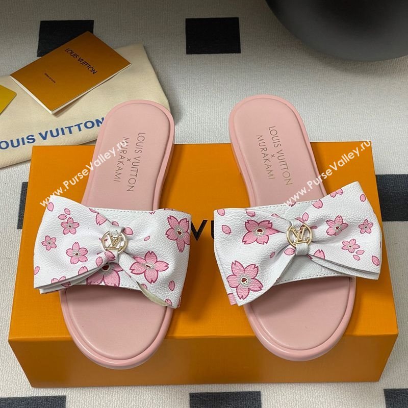 Louis Vuitton LV x TM Lily Flat Slides Sandal with Bow in Cherry Bloom Print Leather White/Pink 2025 1AGVYB (MD-250422040)