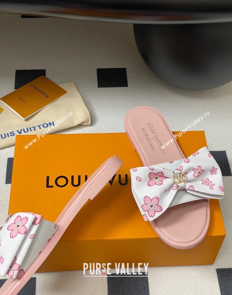 Louis Vuitton LV x TM Lily Flat Slides Sandal with Bow in Cherry Bloom Print Leather White/Pink 2025 1AGVYB (MD-250422040)