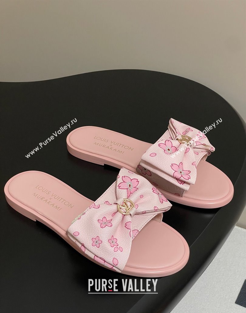 Louis Vuitton LV x TM Lily Flat Slides Sandal with Bow in Cherry Bloom Print Leather Light Pink 2025 1AGVYB (MD-250422041)