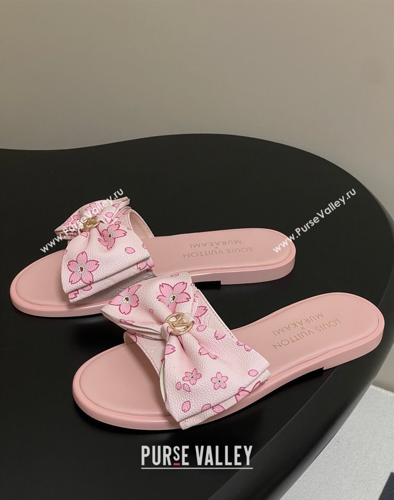 Louis Vuitton LV x TM Lily Flat Slides Sandal with Bow in Cherry Bloom Print Leather Light Pink 2025 1AGVYB (MD-250422041)