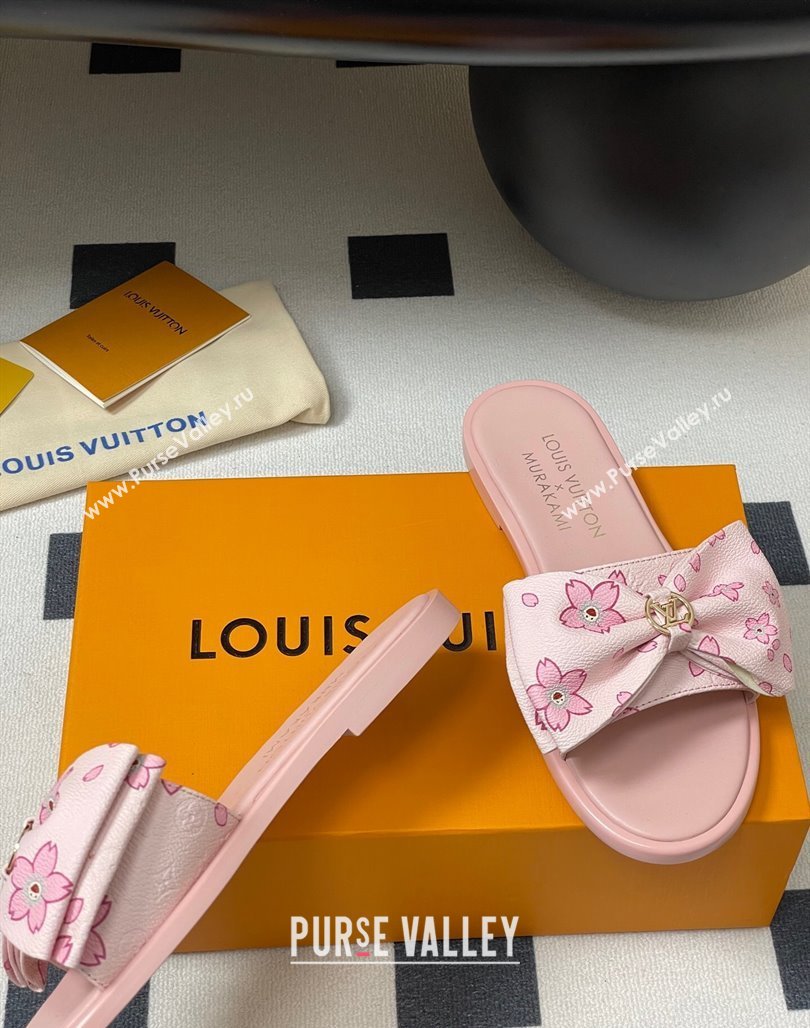 Louis Vuitton LV x TM Lily Flat Slides Sandal with Bow in Cherry Bloom Print Leather Light Pink 2025 1AGVYB (MD-250422041)