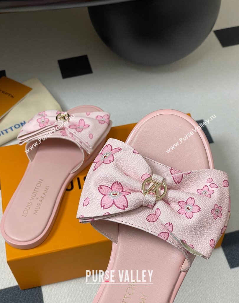 Louis Vuitton LV x TM Lily Flat Slides Sandal with Bow in Cherry Bloom Print Leather Light Pink 2025 1AGVYB (MD-250422041)