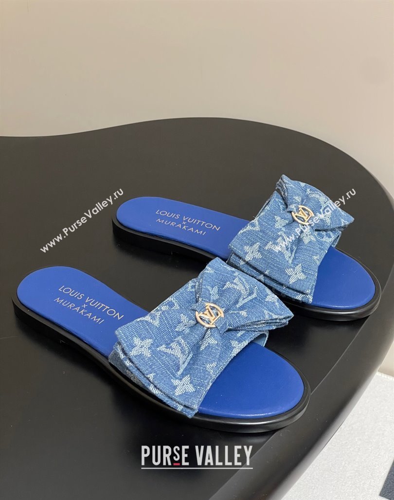 Louis Vuitton Lily Flat Slides Sandal with Bow in Monogram Denim Blue 2025 1AGVYB (MD-250422042)