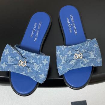 Louis Vuitton Lily Flat Slides Sandal with Bow in Monogram Denim Blue 2025 1AGVYB (MD-250422042)