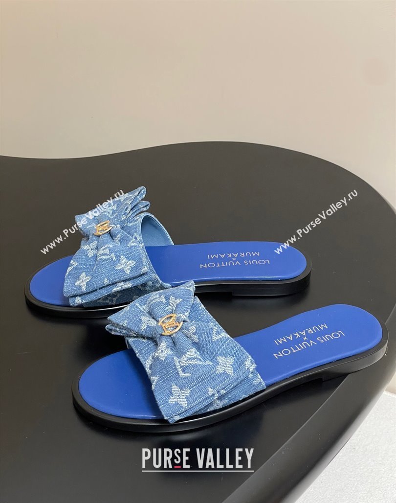 Louis Vuitton Lily Flat Slides Sandal with Bow in Monogram Denim Blue 2025 1AGVYB (MD-250422042)