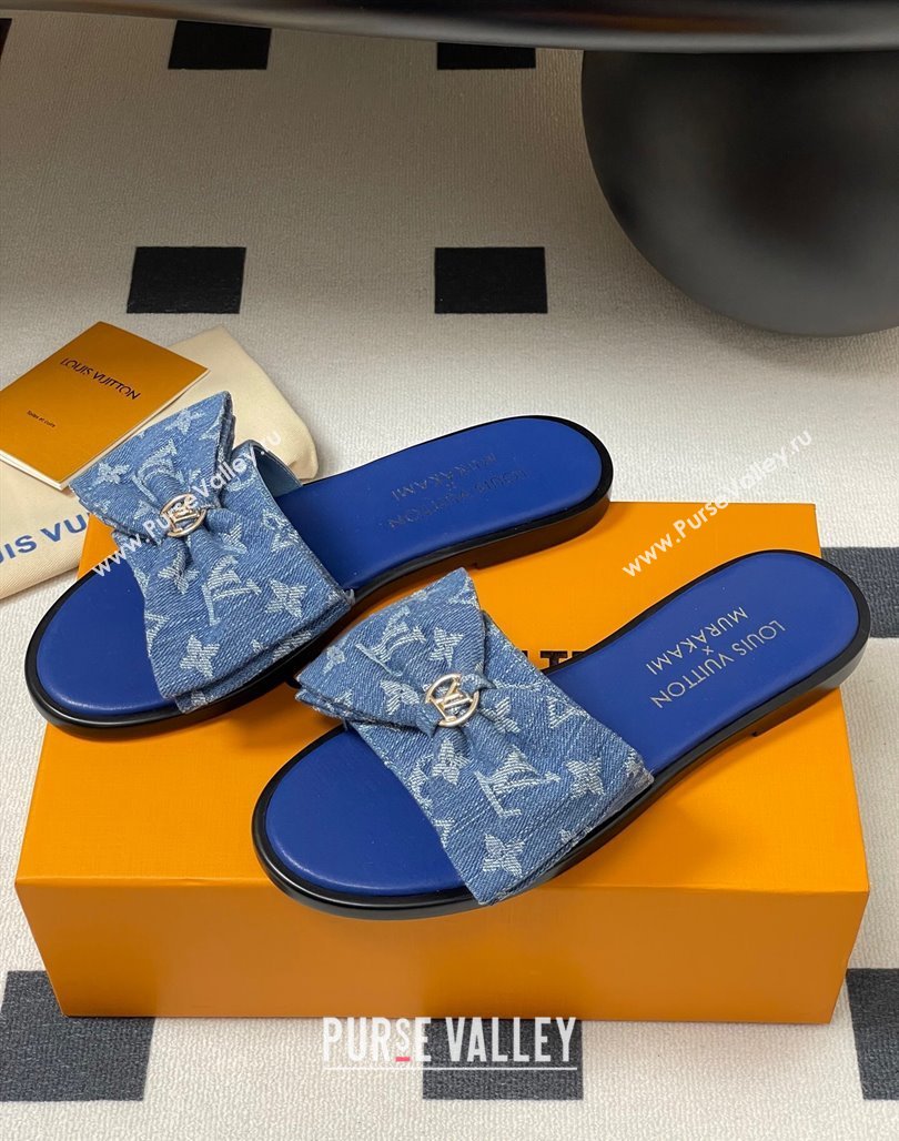 Louis Vuitton Lily Flat Slides Sandal with Bow in Monogram Denim Blue 2025 1AGVYB (MD-250422042)