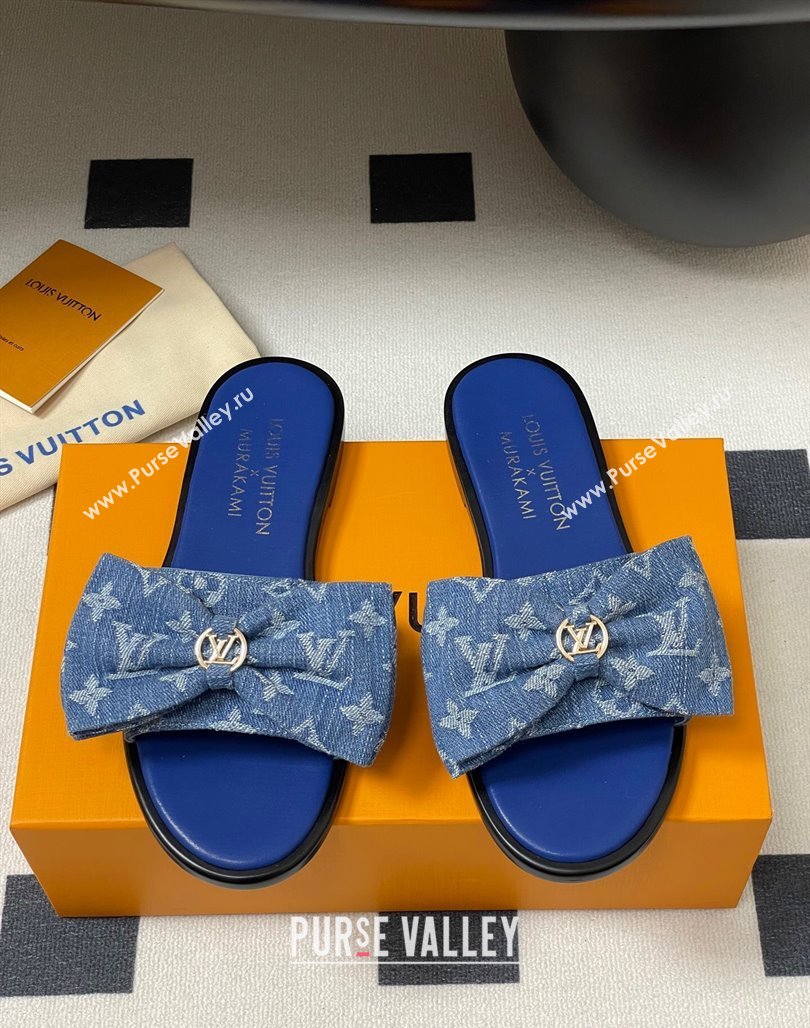 Louis Vuitton Lily Flat Slides Sandal with Bow in Monogram Denim Blue 2025 1AGVYB (MD-250422042)