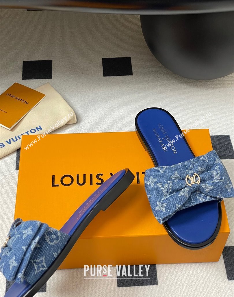 Louis Vuitton Lily Flat Slides Sandal with Bow in Monogram Denim Blue 2025 1AGVYB (MD-250422042)