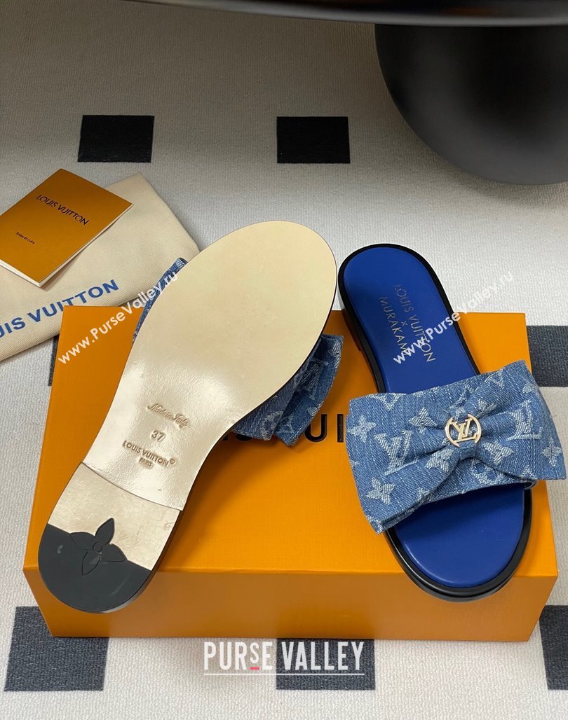Louis Vuitton Lily Flat Slides Sandal with Bow in Monogram Denim Blue 2025 1AGVYB (MD-250422042)