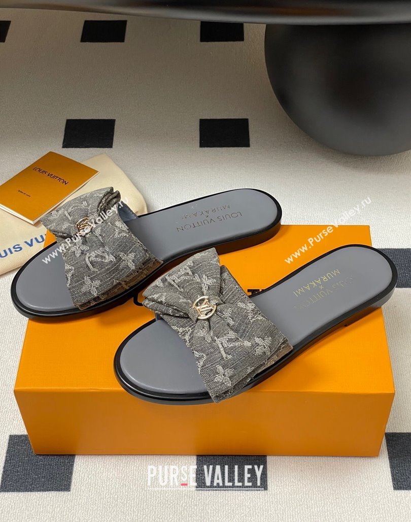 Louis Vuitton Lily Flat Slides Sandal with Bow in Monogram Denim Grey 2025 1AGVYB (MD-250422043)