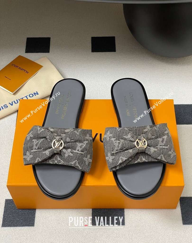 Louis Vuitton Lily Flat Slides Sandal with Bow in Monogram Denim Grey 2025 1AGVYB (MD-250422043)