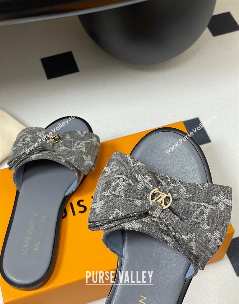 Louis Vuitton Lily Flat Slides Sandal with Bow in Monogram Denim Grey 2025 1AGVYB (MD-250422043)