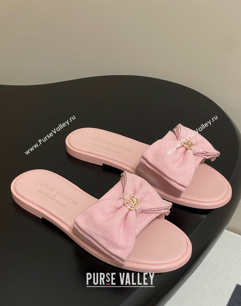 Louis Vuitton Lily Flat Slides Sandal with Bow in Monogram Denim Pink 2025 1AGVYB (MD-250422044)