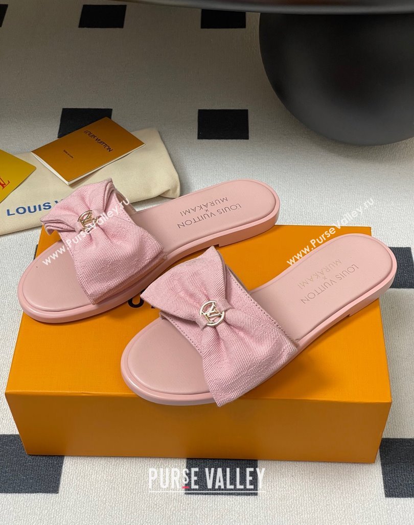 Louis Vuitton Lily Flat Slides Sandal with Bow in Monogram Denim Pink 2025 1AGVYB (MD-250422044)