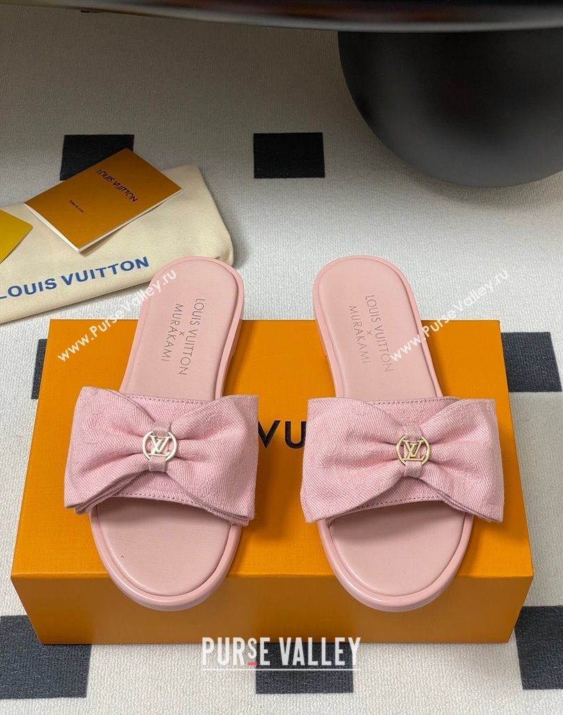Louis Vuitton Lily Flat Slides Sandal with Bow in Monogram Denim Pink 2025 1AGVYB (MD-250422044)